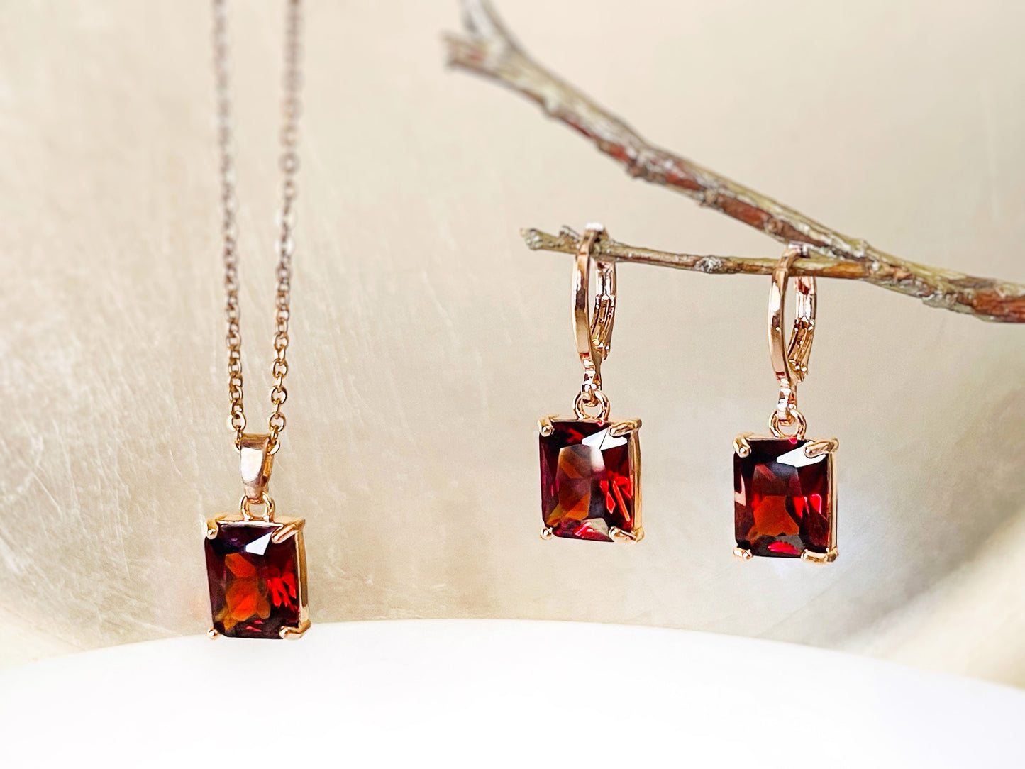 Garnet 2pc jewelry set, dark red small emerald cut gemstone dangle earring necklace set, gift for her, January birthstone, bridal gift