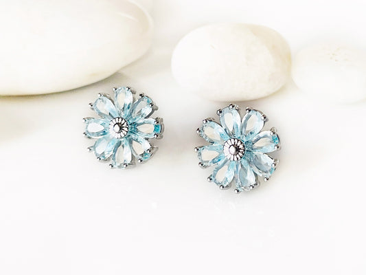 Aquamarine flower stud earrings 925 silver post, light blue gemstone daisy flower stud earring, March birthstone, gift for mom, gift for her