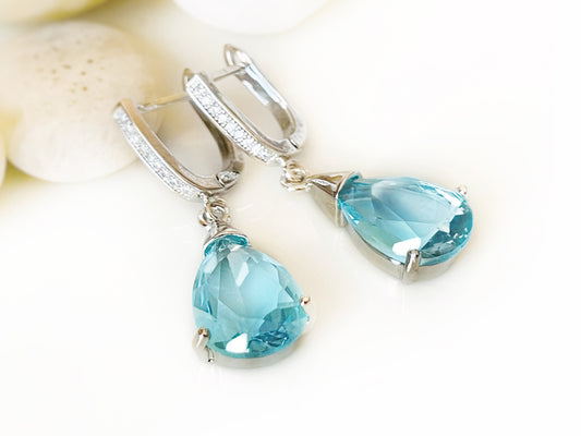 Aquamarine teardrop dangle earrings, light blue gemstone drop earrings, gift for her, gift for mom, blue bridal earrings, March birthstone