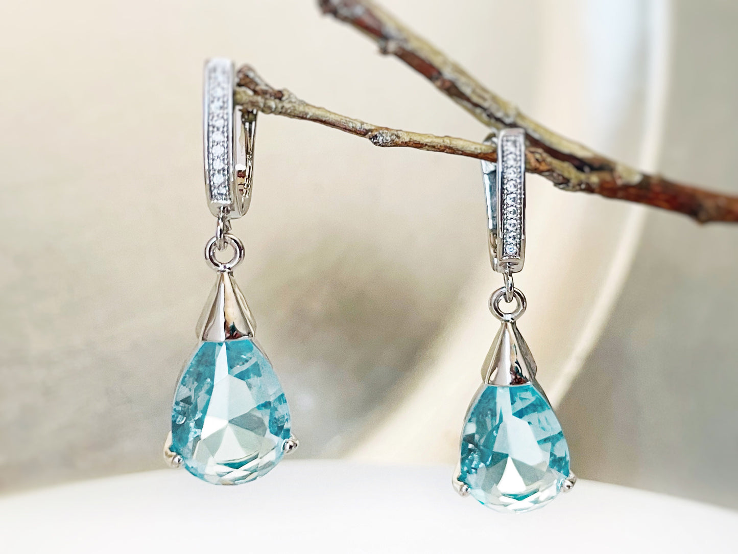 Aquamarine teardrop dangle earrings, light blue gemstone drop earrings, gift for her, gift for mom, blue bridal earrings, March birthstone