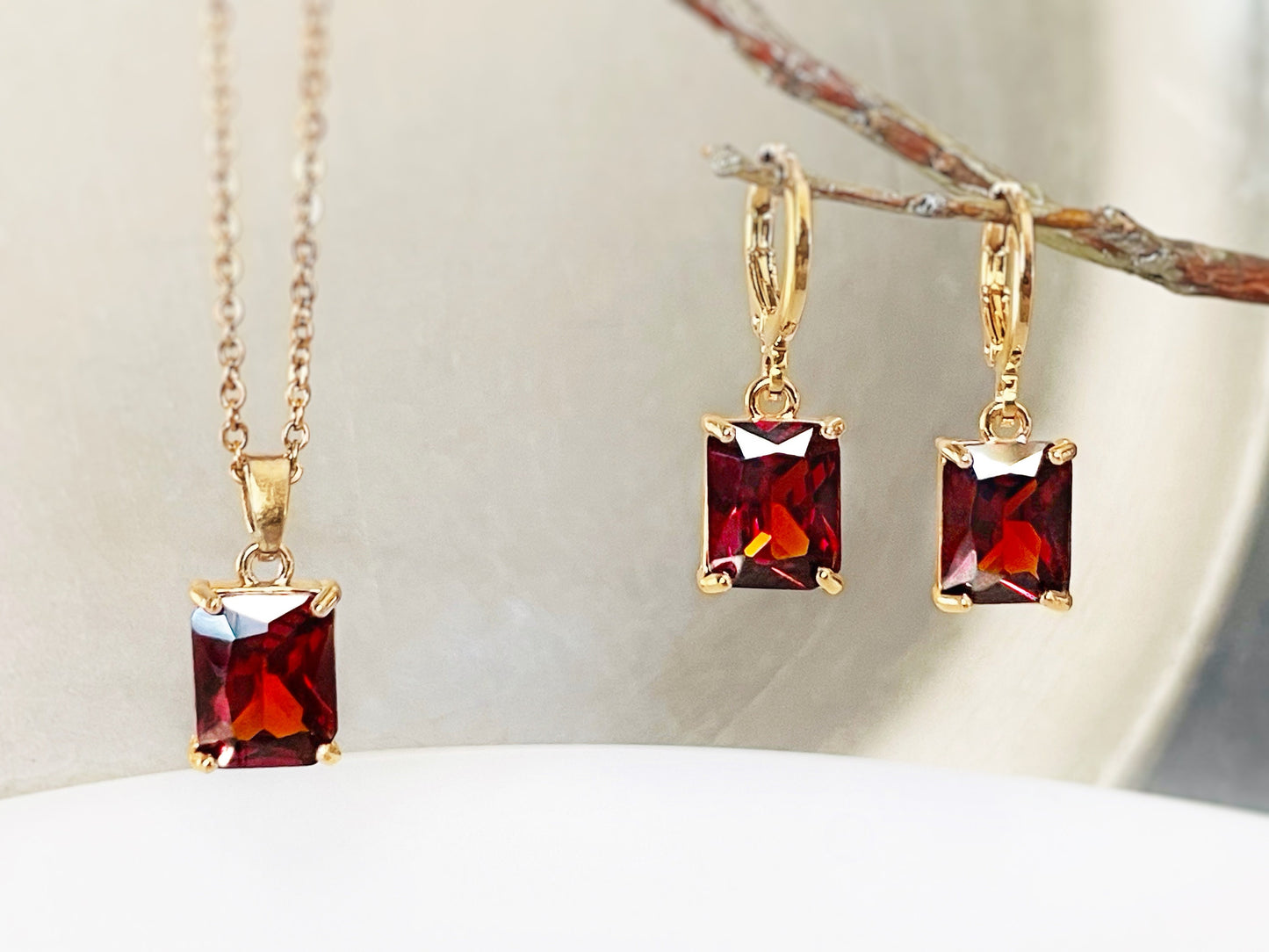 Garnet 2pc jewelry set, dark red small emerald cut gemstone dangle earring necklace set, gift for her, January birthstone, bridal gift