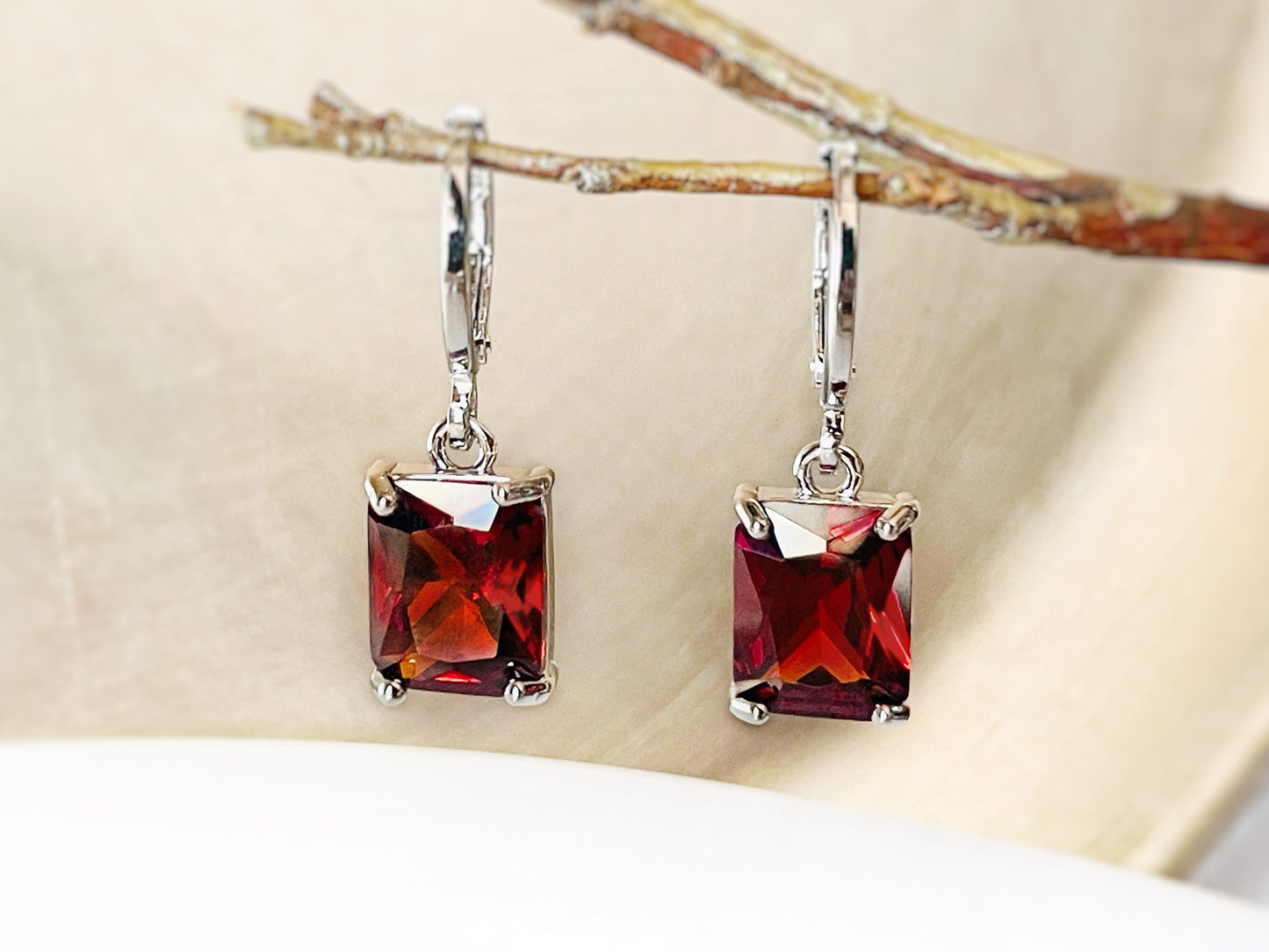 Garnet 2pc jewelry set, dark red small emerald cut gemstone dangle earring necklace set, gift for her, January birthstone, bridal gift