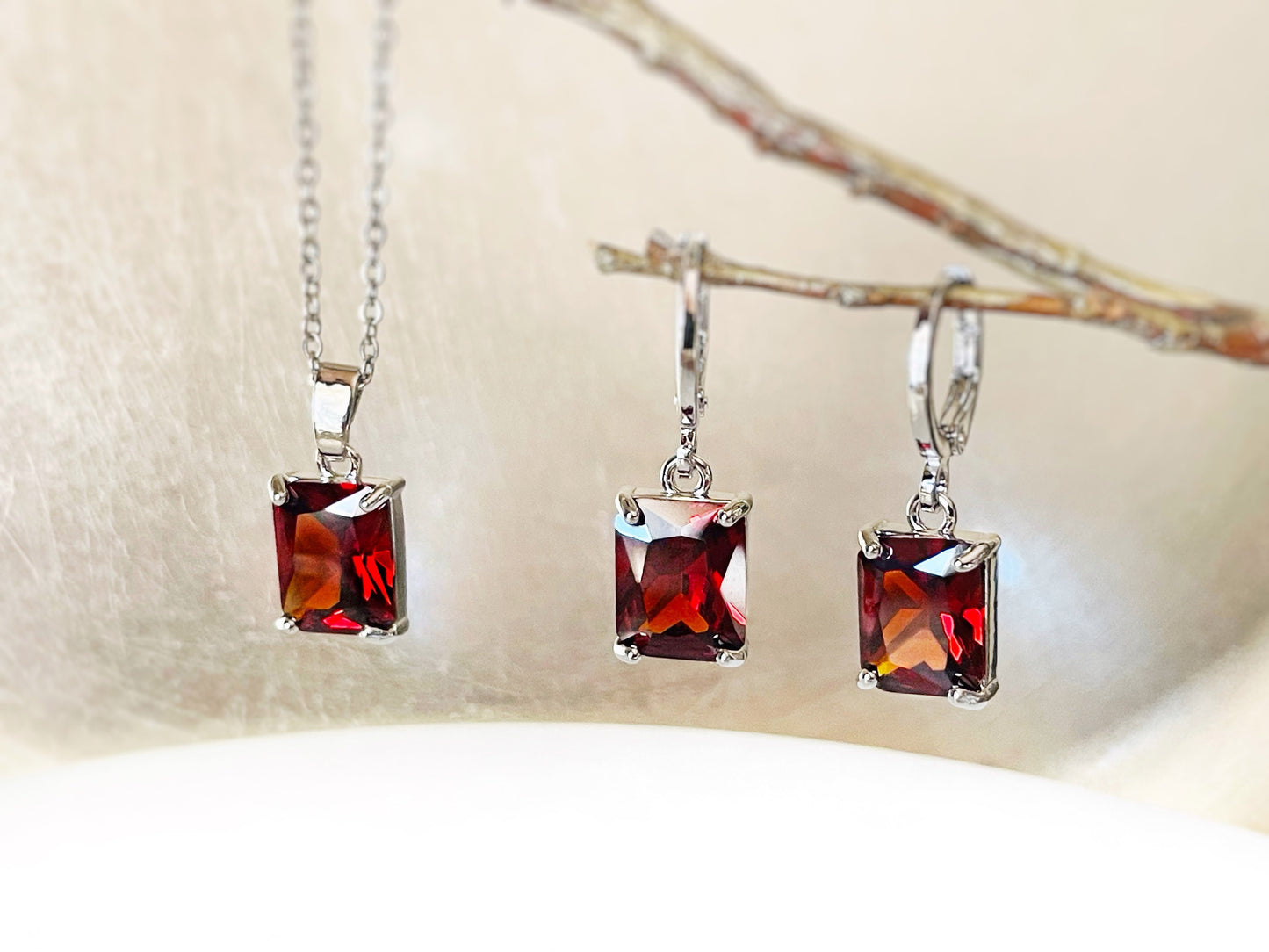 Garnet 2pc jewelry set, dark red small emerald cut gemstone dangle earring necklace set, gift for her, January birthstone, bridal gift