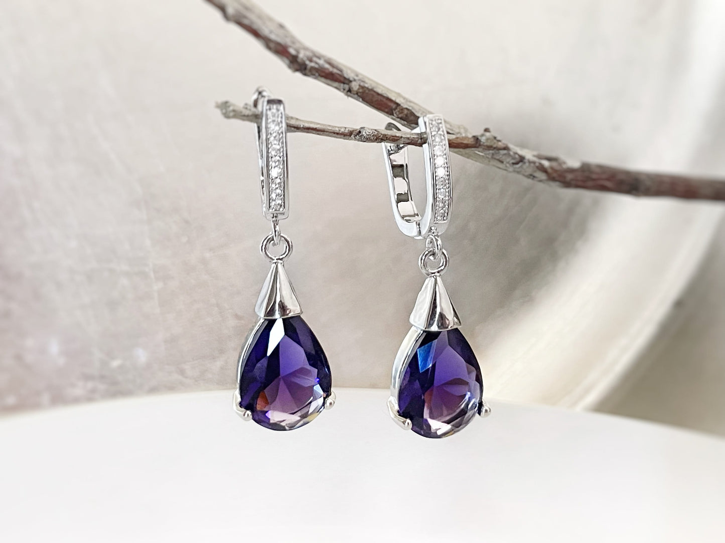 Amethyst teardrop dangle earrings, purple gemstone drop earrings, gift for her, gift for mom, purple bridal earrings, February birthstone