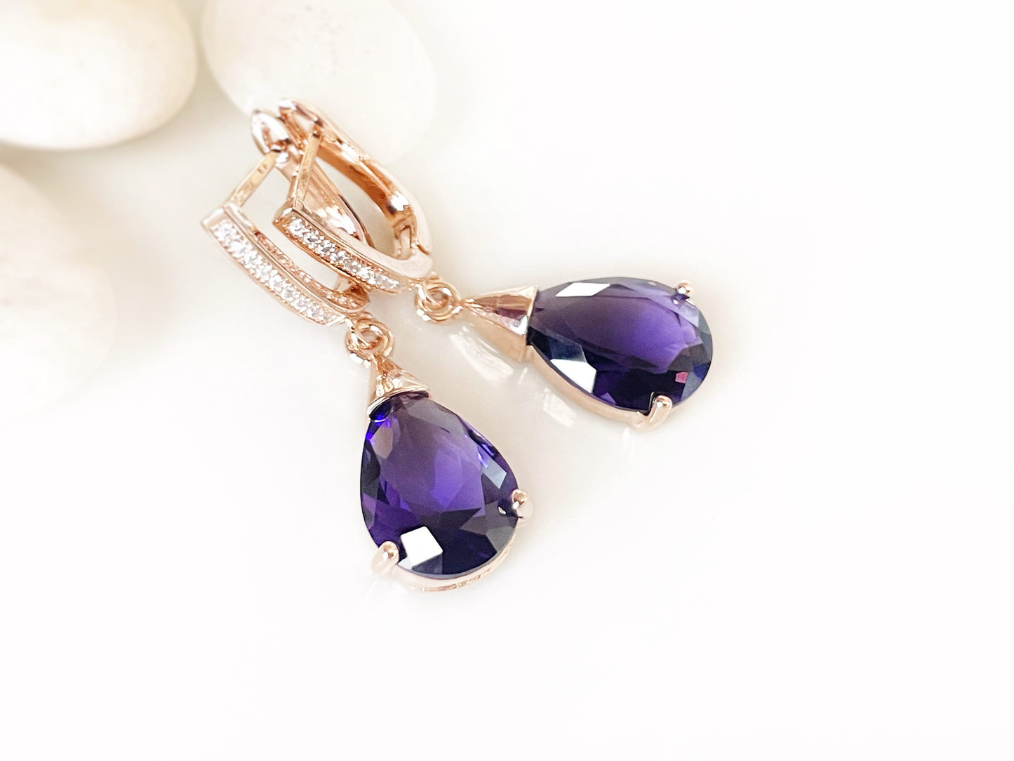 Amethyst teardrop dangle earrings, purple gemstone drop earrings, gift for her, gift for mom, purple bridal earrings, February birthstone