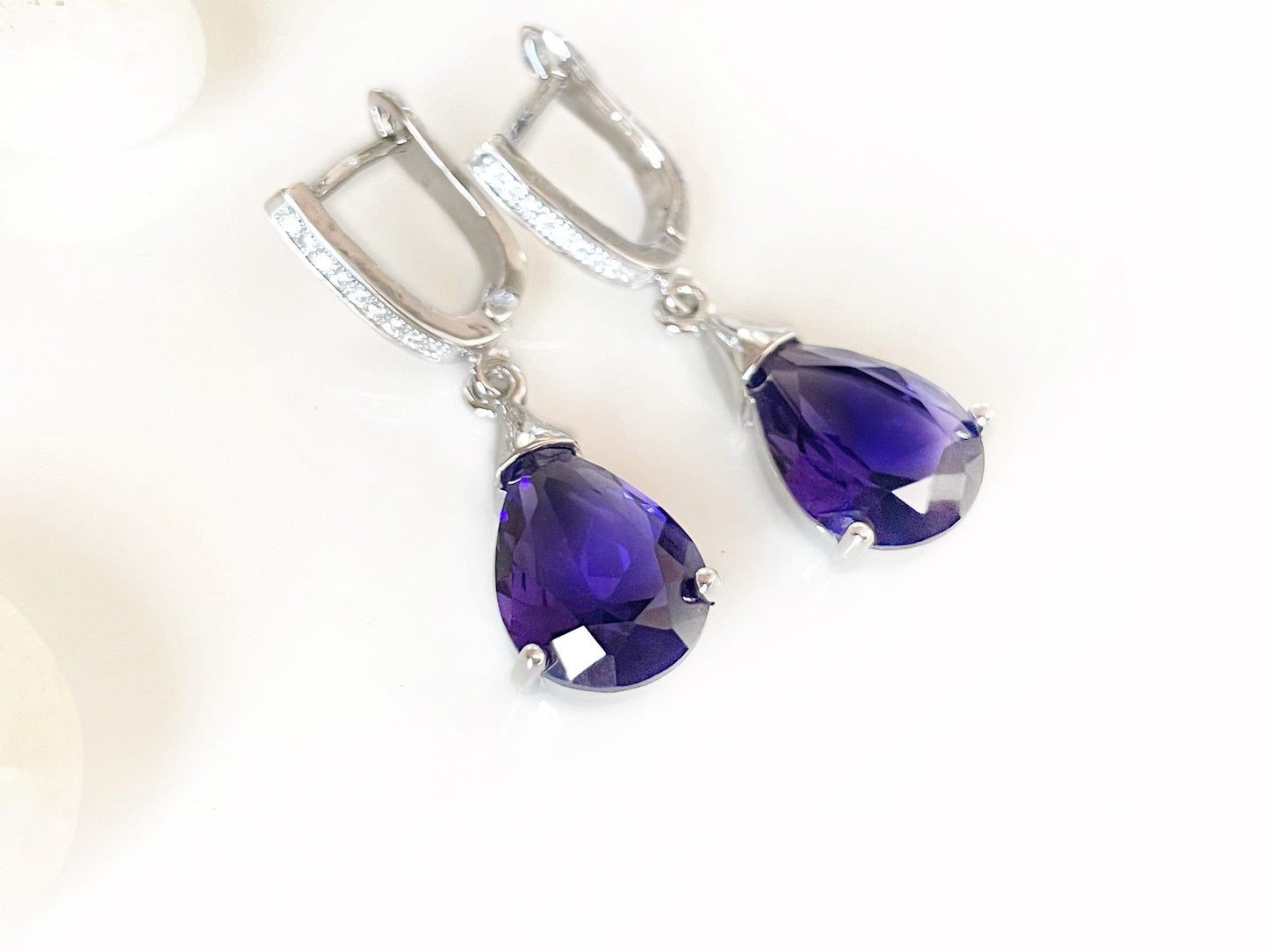 Amethyst teardrop dangle earrings, purple gemstone drop earrings, gift for her, gift for mom, purple bridal earrings, February birthstone