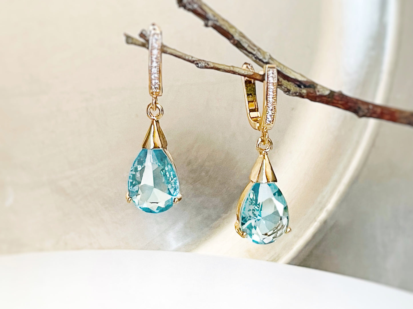 Aquamarine teardrop dangle earrings, light blue gemstone drop earrings, gift for her, gift for mom, blue bridal earrings, March birthstone