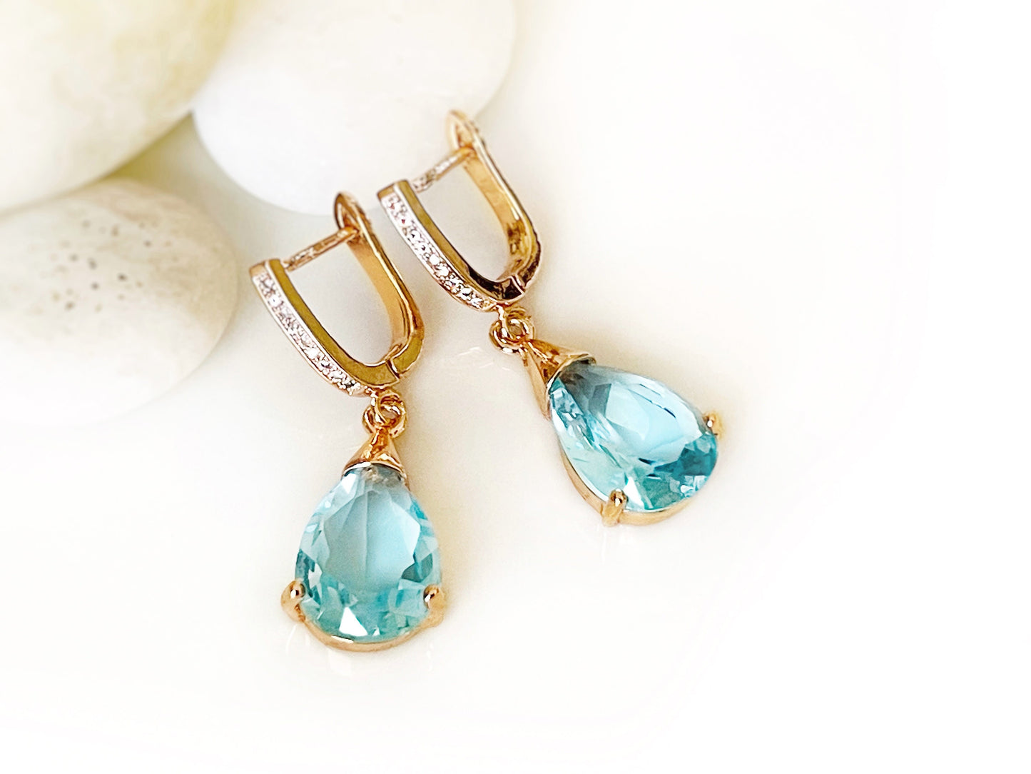 Aquamarine teardrop dangle earrings, light blue gemstone drop earrings, gift for her, gift for mom, blue bridal earrings, March birthstone