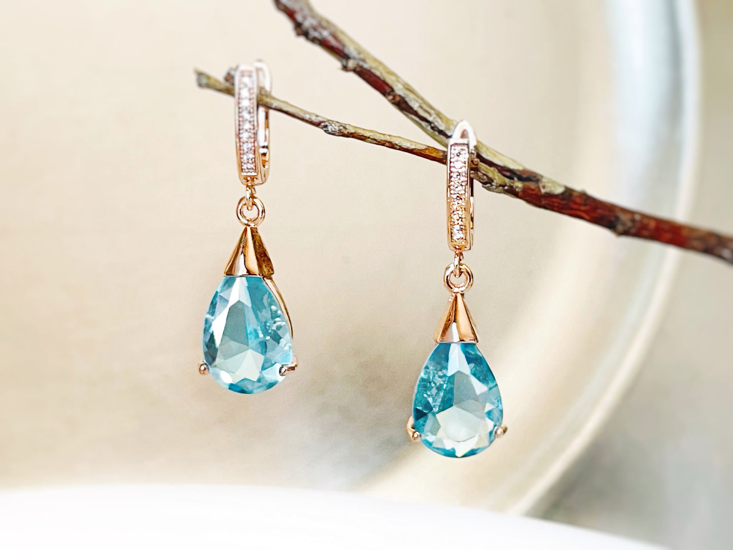 Aquamarine teardrop dangle earrings, light blue gemstone drop earrings, gift for her, gift for mom, blue bridal earrings, March birthstone