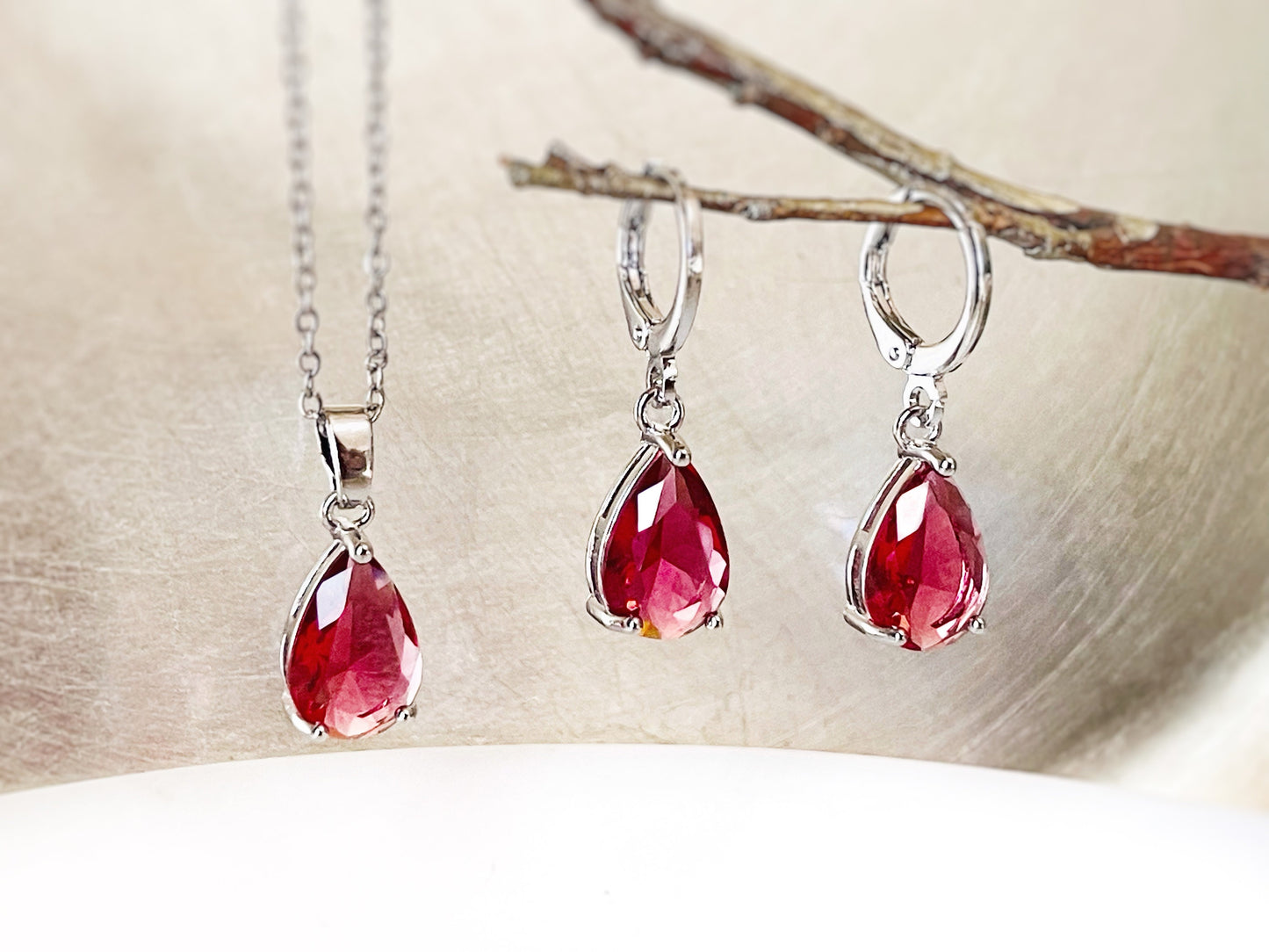 Pink tourmaline teardrop 2pc jewelry set, pink gemstone dangle earrings, October birthstones, gift for her, gift for mom