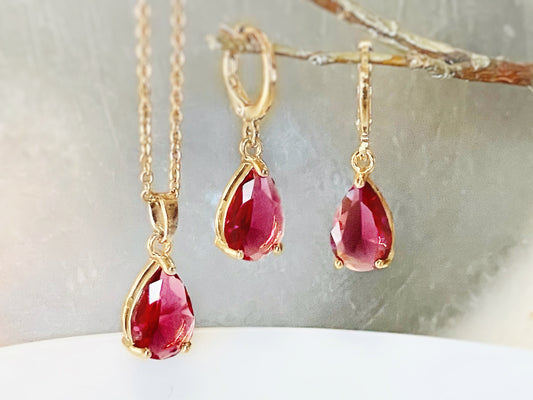 Pink tourmaline teardrop 2pc jewelry set, pink gemstone dangle earrings, October birthstones, gift for her, gift for mom